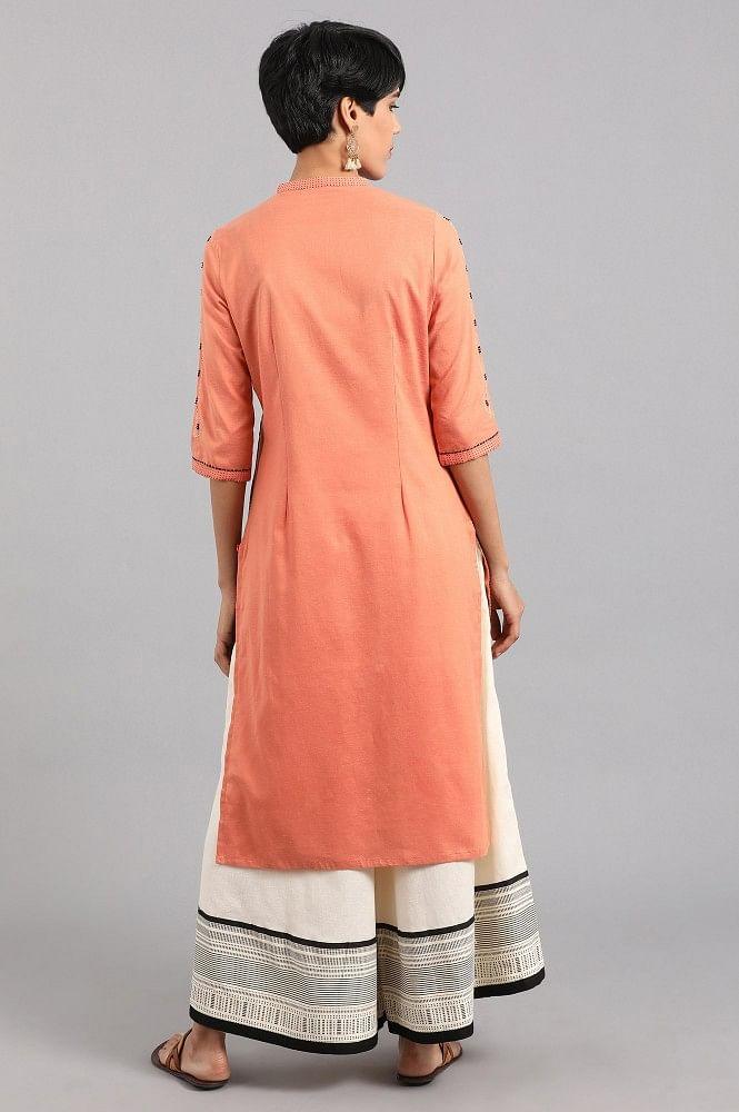 Orange Mandarin Neck Solid Khadi kurta - wforwoman