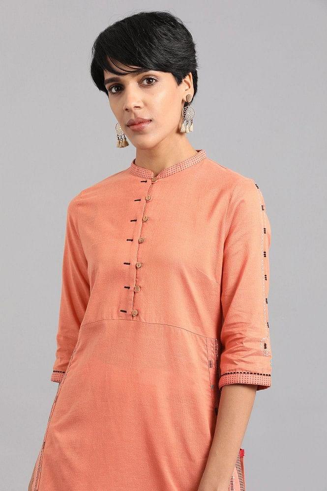 Orange Mandarin Neck Solid Khadi kurta - wforwoman