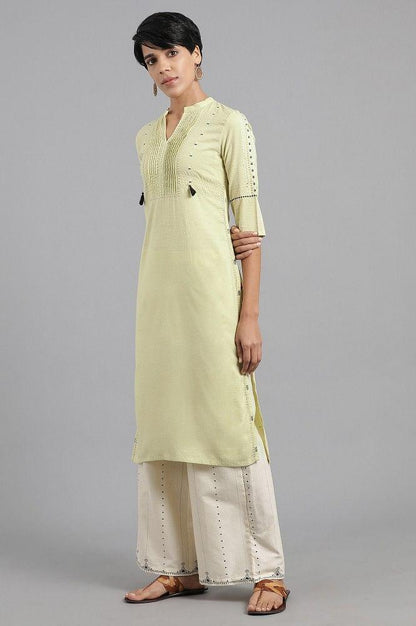 Green Mandarin Neck Solid Khadi kurta - wforwoman