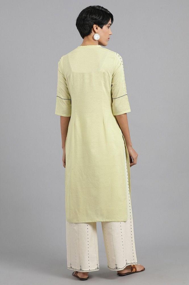 Green Mandarin Neck Solid Khadi kurta - wforwoman