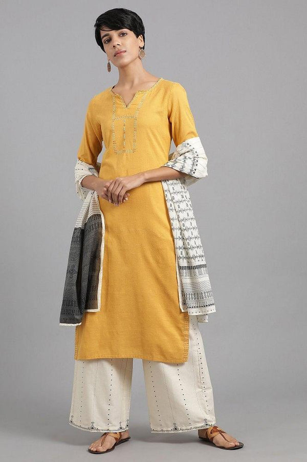 Yellow Round Neck Solid Khadi kurta