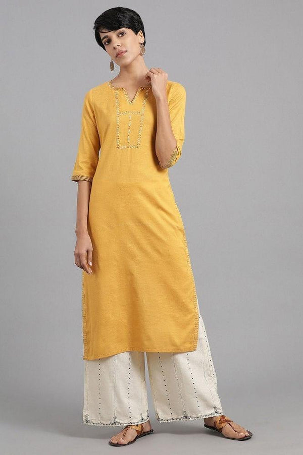 Yellow Round Neck Solid Khadi kurta