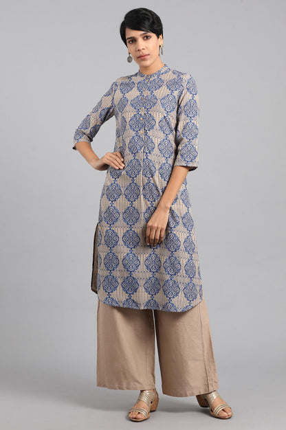 Beige Mandarin Neck Printed kurta
