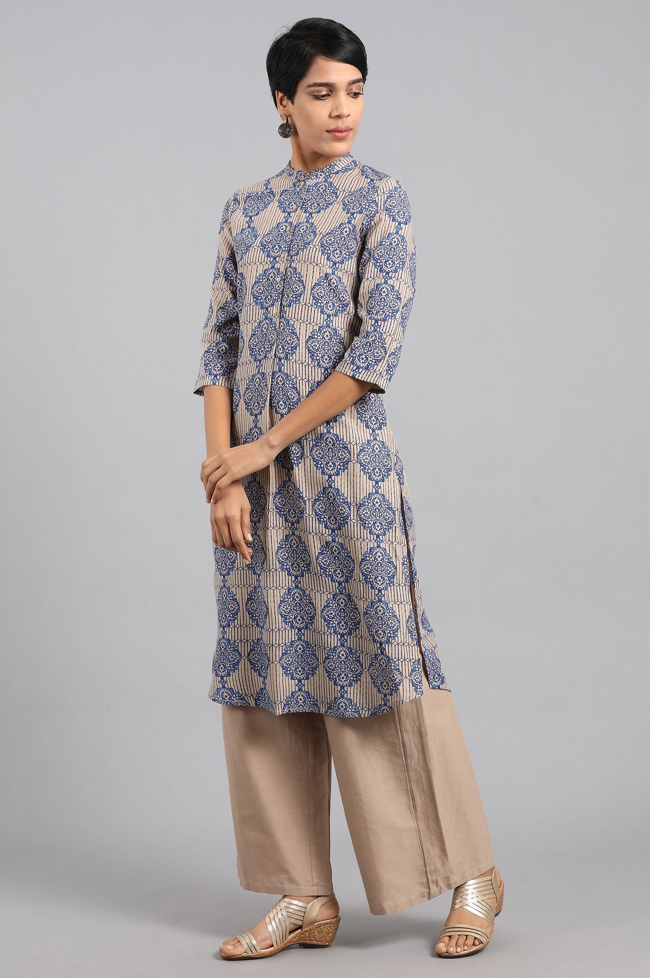 Beige Mandarin Neck Printed kurta