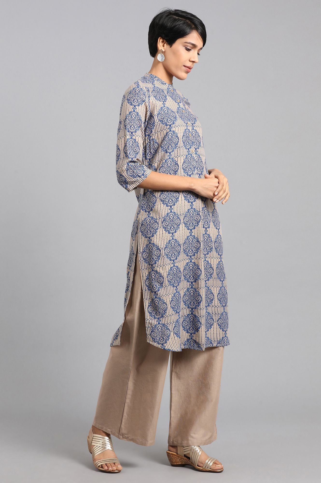 Beige Mandarin Neck Printed kurta