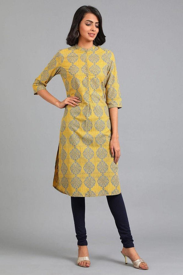 Yellow Mandarin Neck Printed kurta