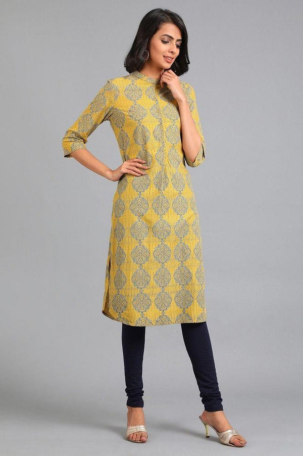 Yellow Mandarin Neck Printed kurta