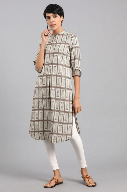 Grey Mandarin Neck Printed kurta - wforwoman