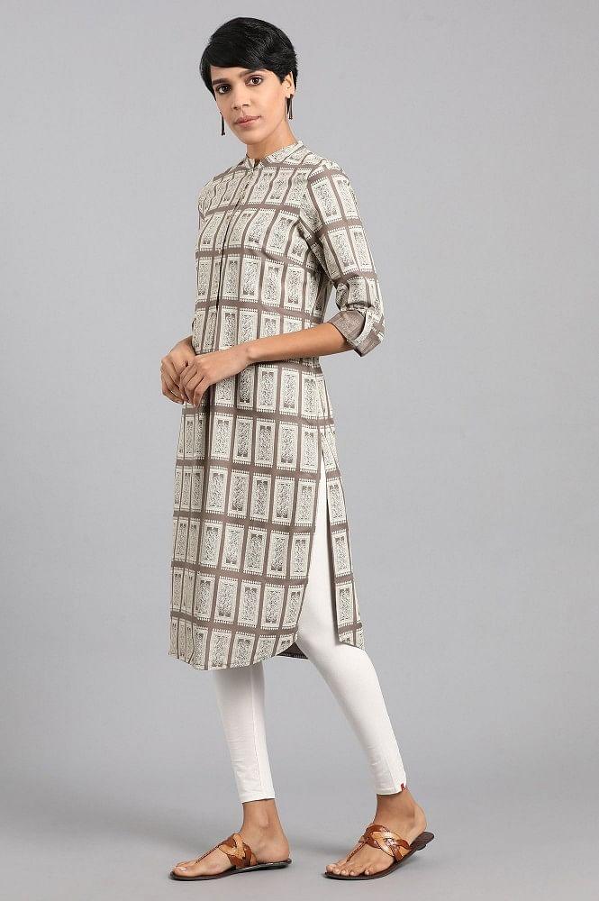 Grey Mandarin Neck Printed kurta - wforwoman
