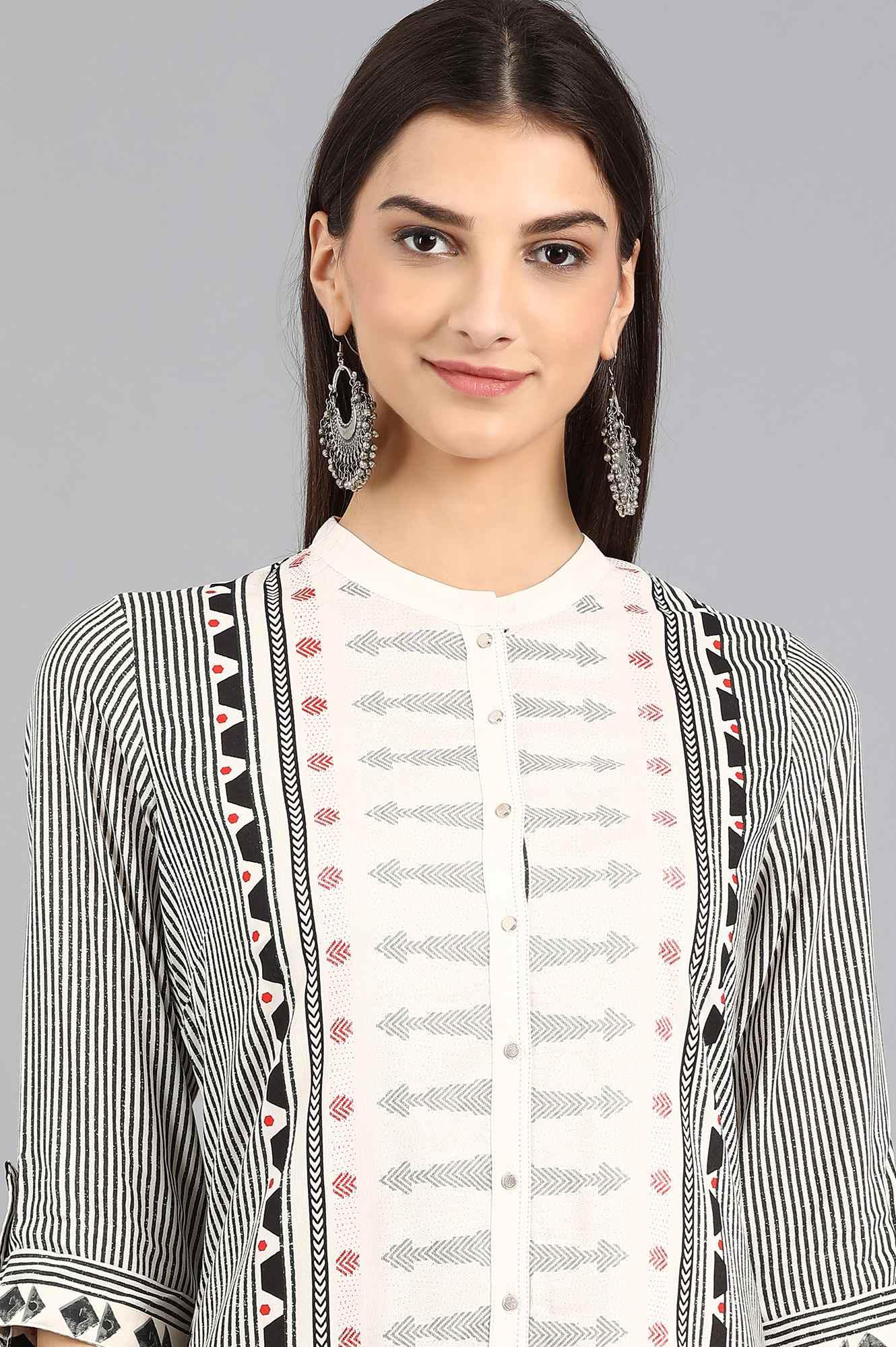 White Mandarin Neck Printed kurta - wforwoman