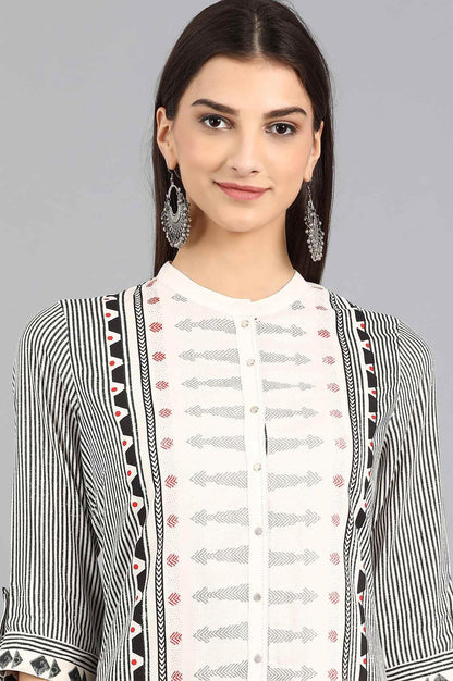 White Mandarin Neck Printed kurta - wforwoman