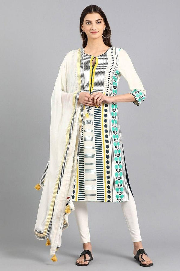 White Round Neck Printed kurta