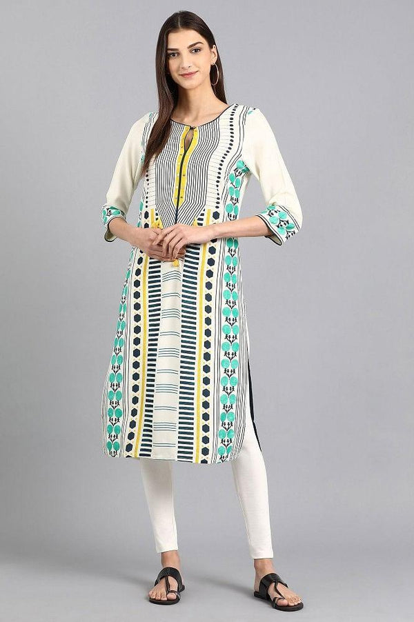 White Round Neck Printed kurta