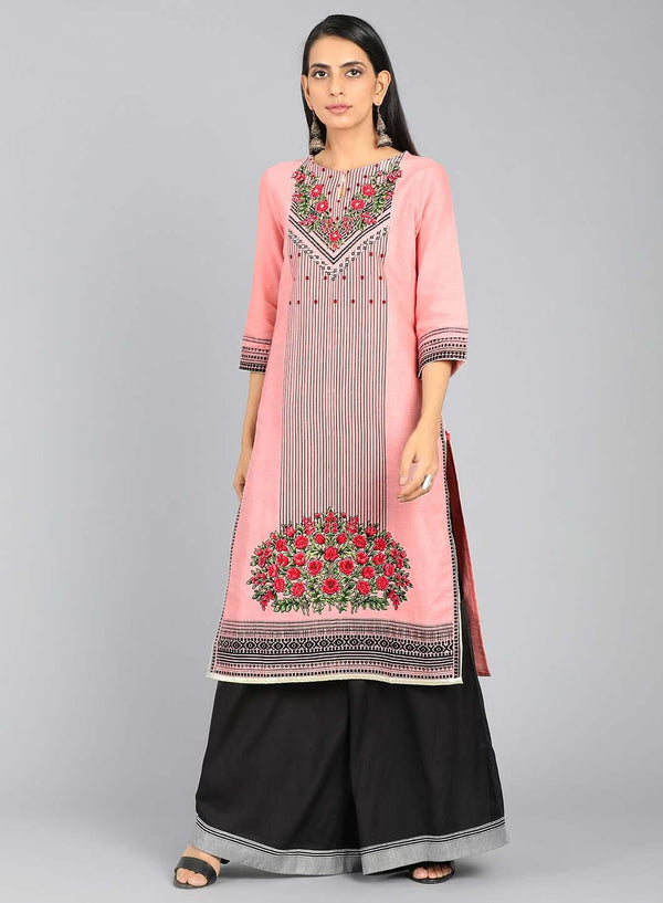 Pink Round Neck Floral Print kurta
