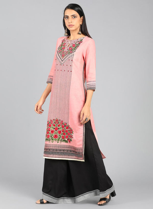 Pink Round Neck Floral Print kurta