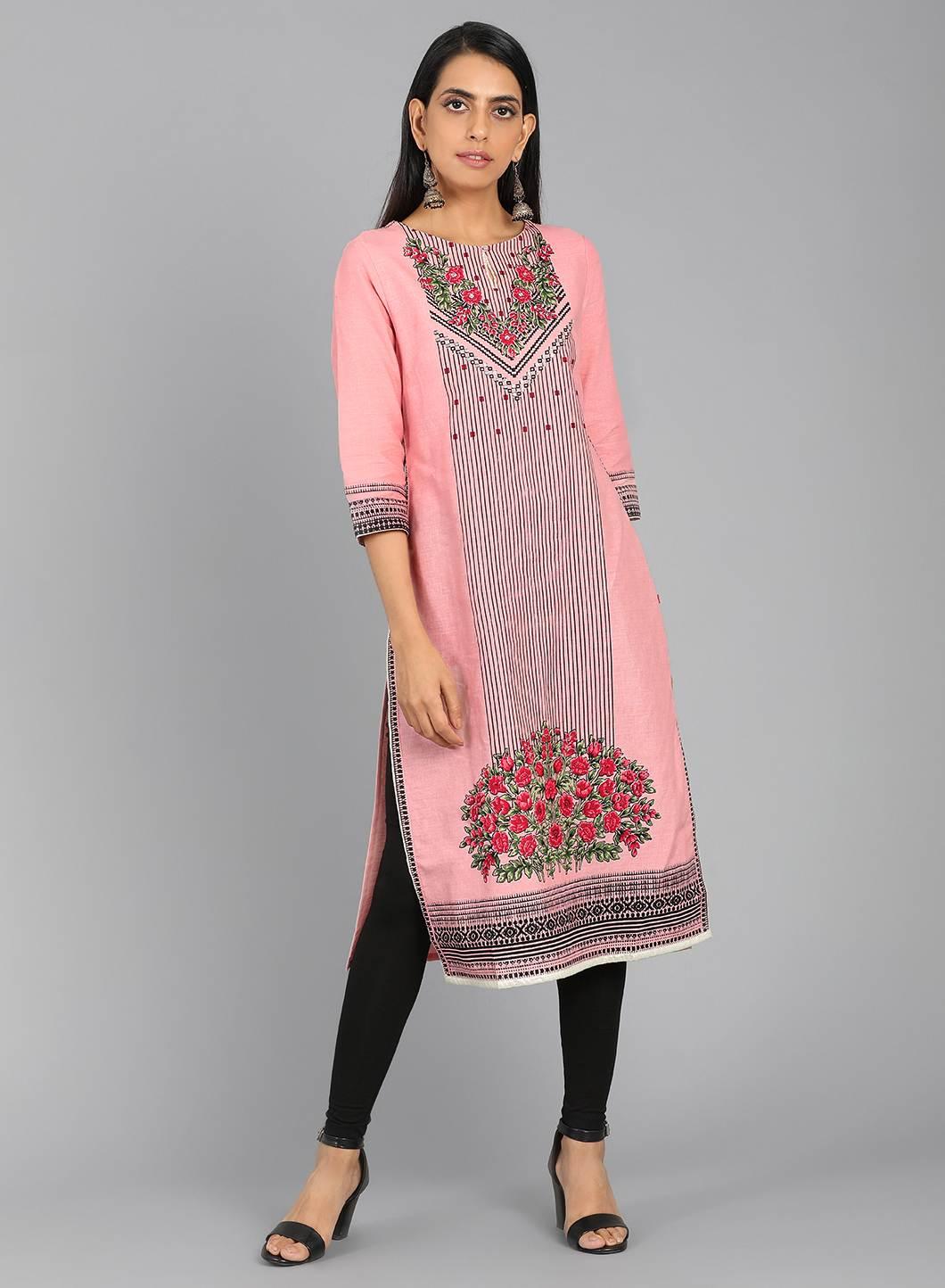 Pink Round Neck Floral Print kurta - wforwoman