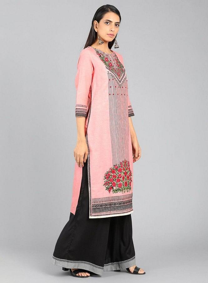 Pink Round Neck Floral Print kurta - wforwoman