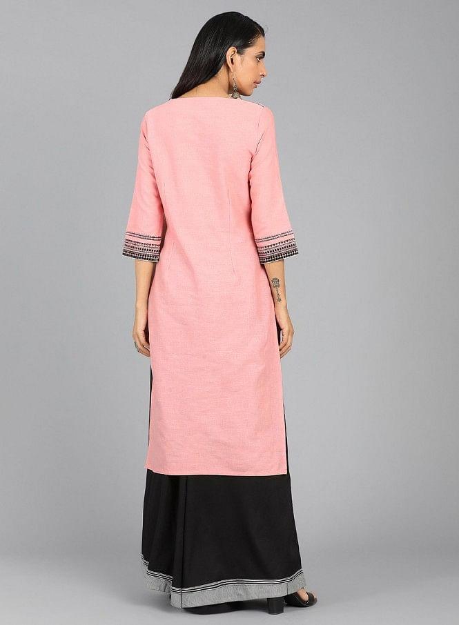 Pink Round Neck Floral Print kurta - wforwoman