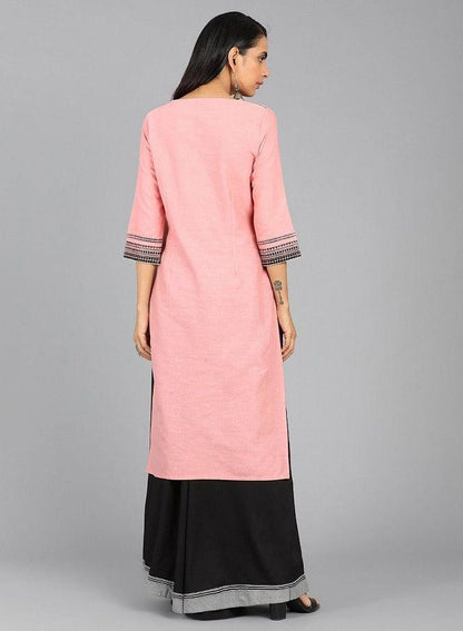 Pink Round Neck Floral Print kurta - wforwoman