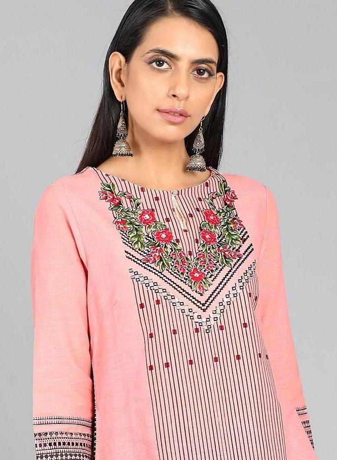 Pink Round Neck Floral Print kurta - wforwoman