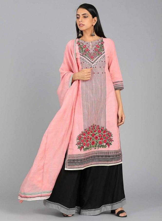 Pink Round Neck Floral Print kurta - wforwoman