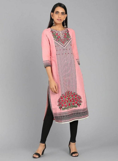 Pink Round Neck Floral Print kurta - wforwoman