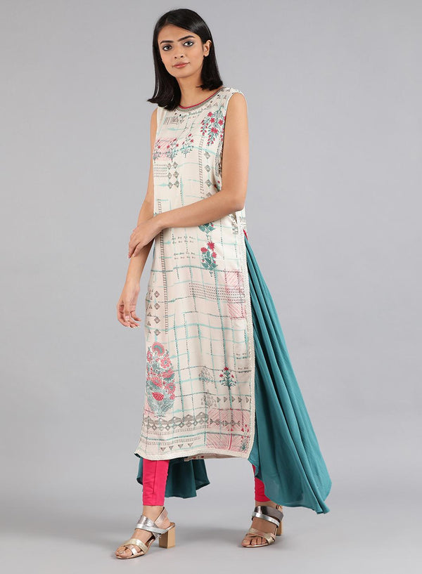 White Round Neck Printed kurta