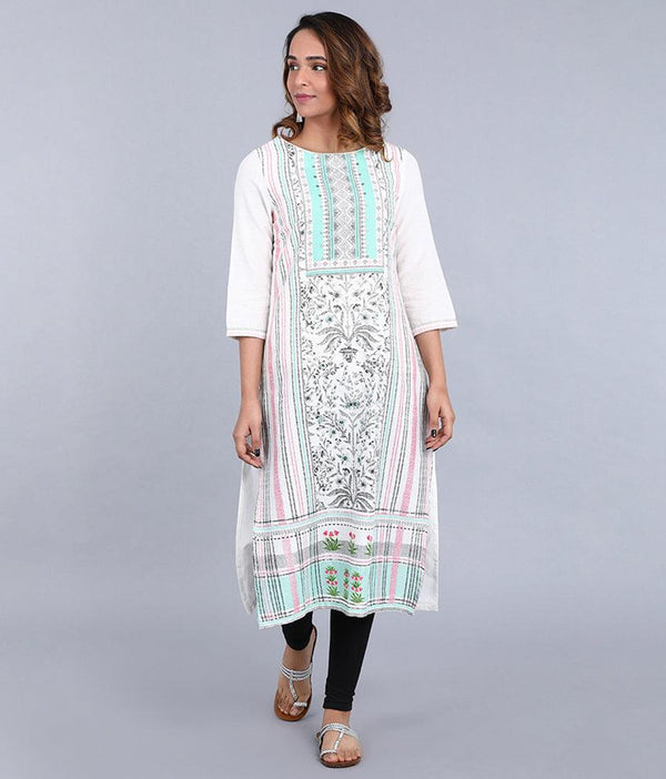 White Round Neck Printed kurta