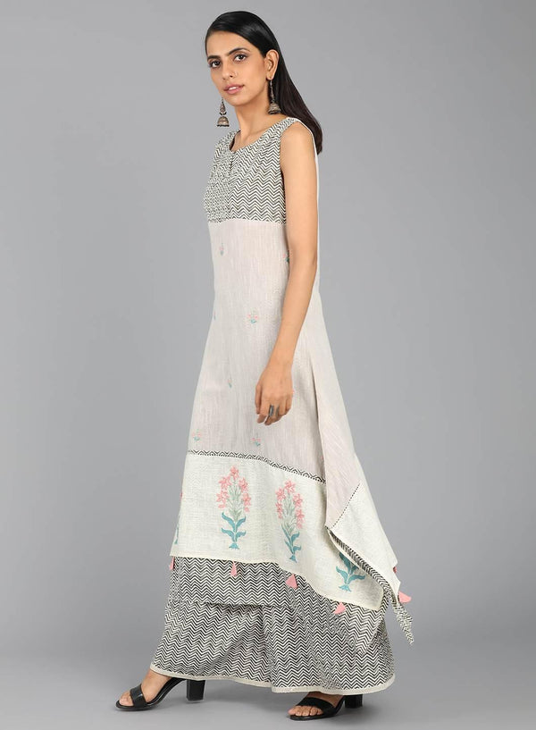 Grey Round Neck Printed kurta