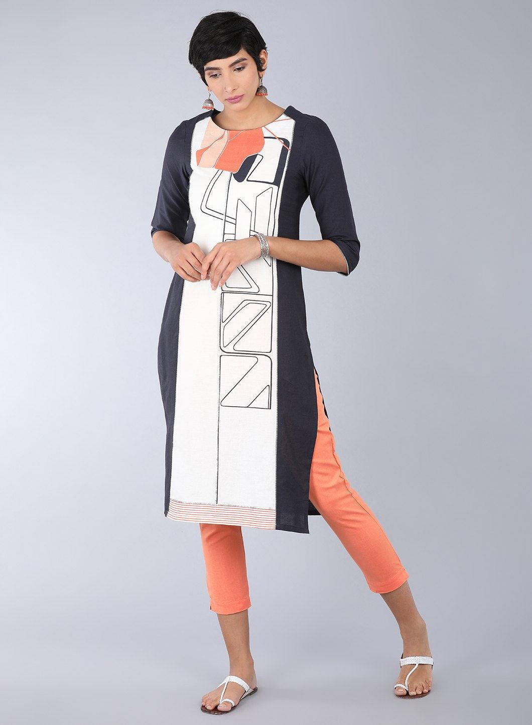 Ecru Round Neck Printed kurta - wforwoman