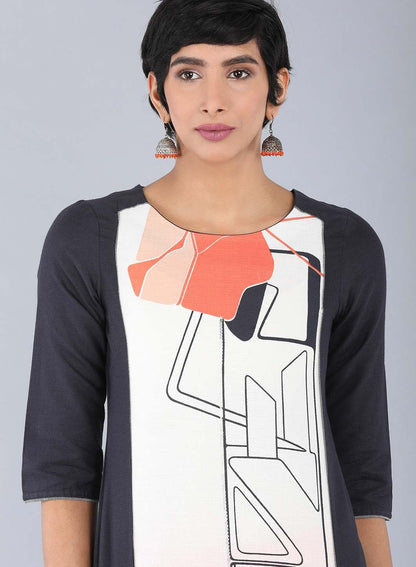 Ecru Round Neck Printed kurta - wforwoman