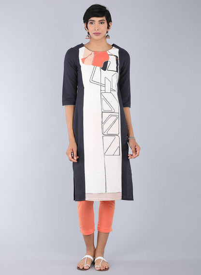 Ecru Round Neck Printed kurta - wforwoman