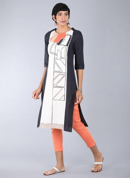 Ecru Round Neck Printed kurta - wforwoman