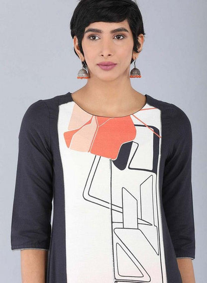 Ecru Round Neck Printed kurta - wforwoman