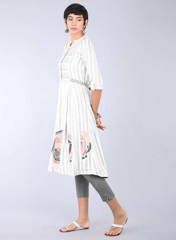 White Mandarin Neck Striped kurta