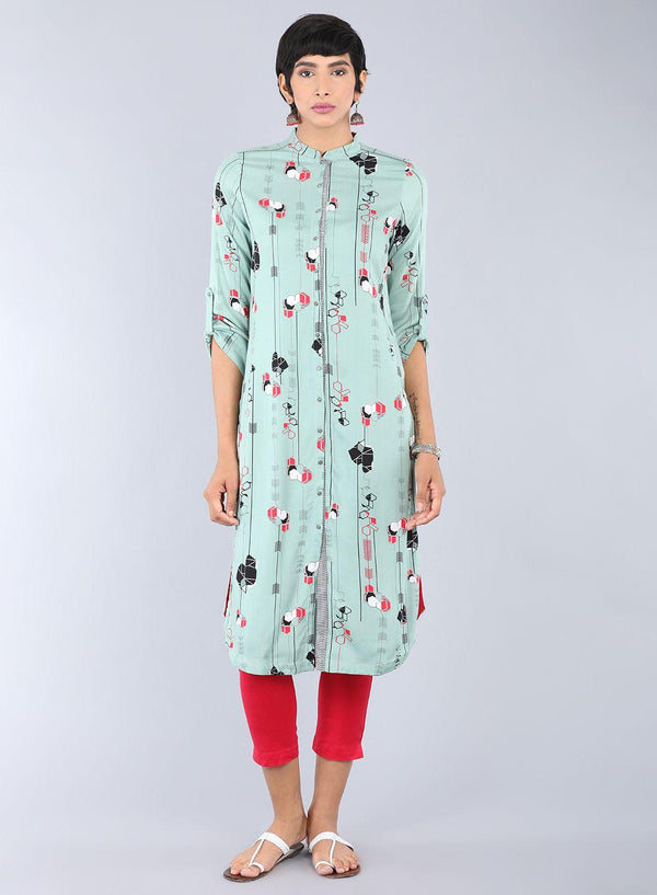 Green Mandarin Neck Printed kurta