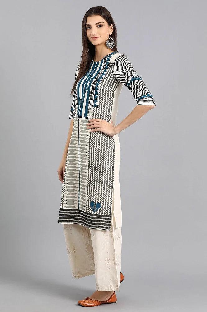 Off-White Round Neck Printed kurta - wforwoman