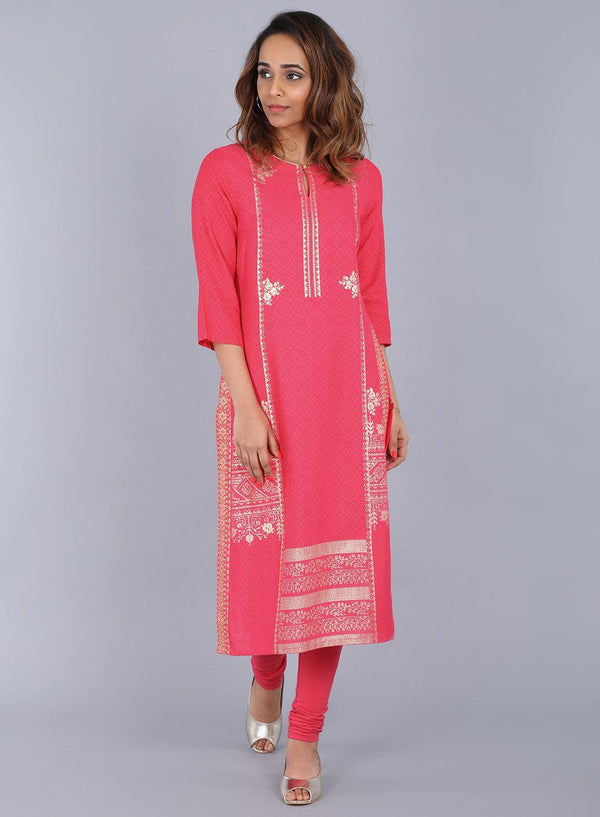 Pink Round Neck Embellished kurta