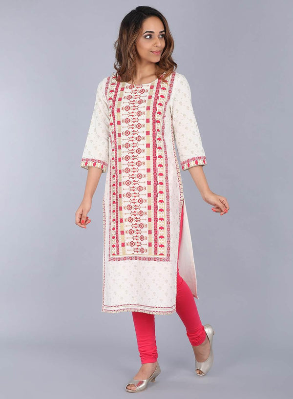 White Round Neck Printed kurta