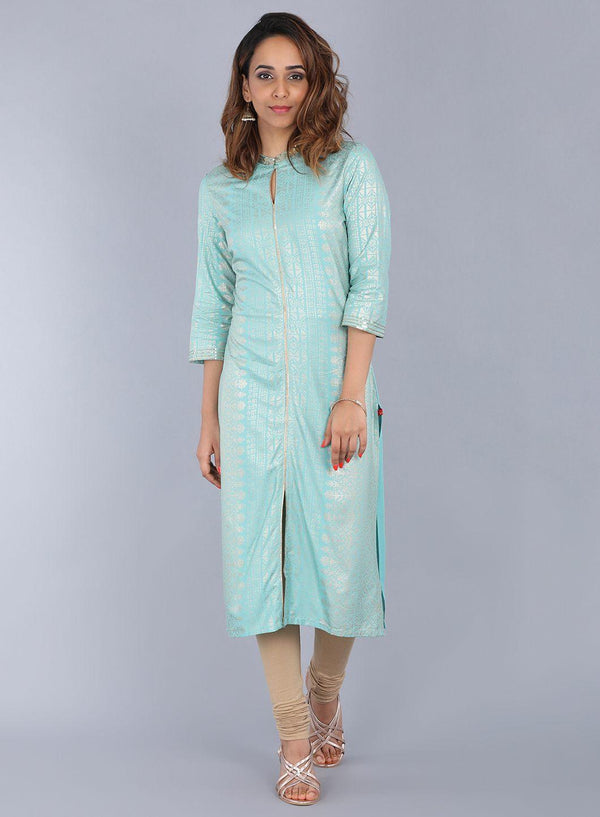 Blue Mandarin Neck Embellished kurta