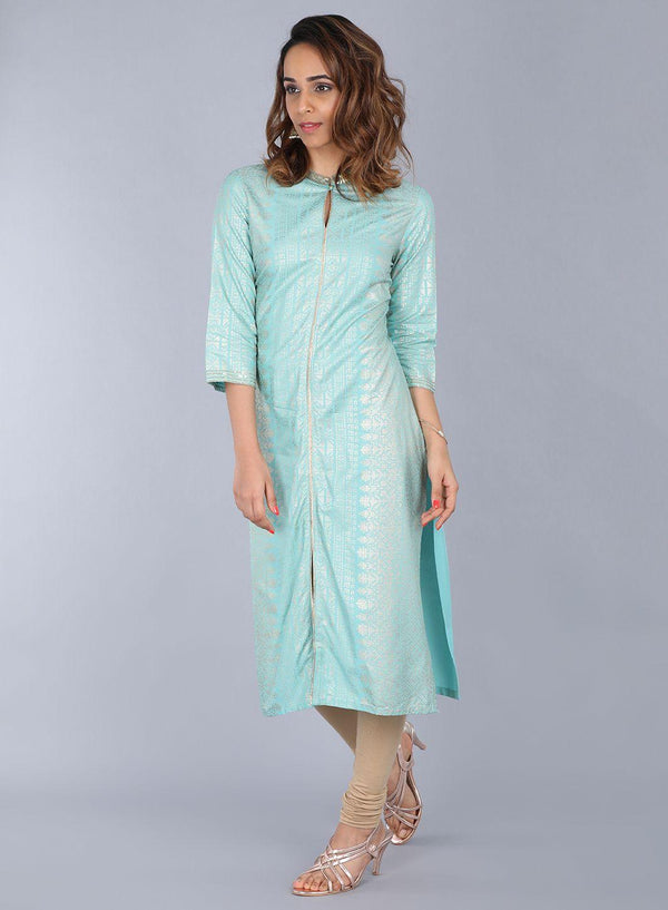 Blue Mandarin Neck Embellished kurta