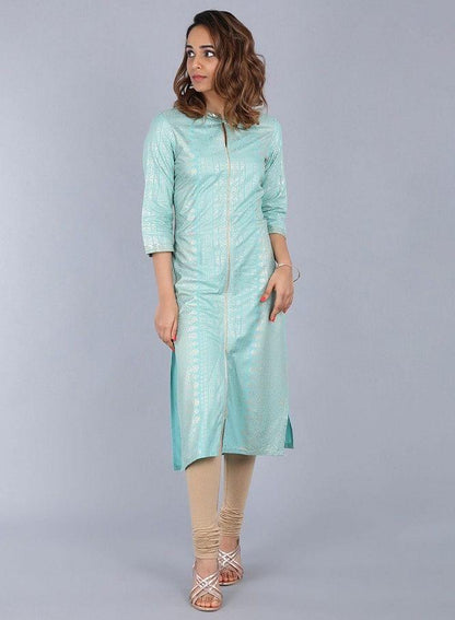 Blue Mandarin Neck Embellished kurta - wforwoman
