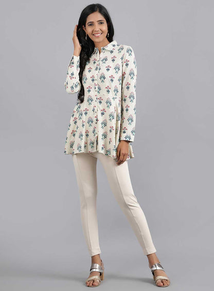 Ecru Shirt Collar Peplum Top - wforwoman