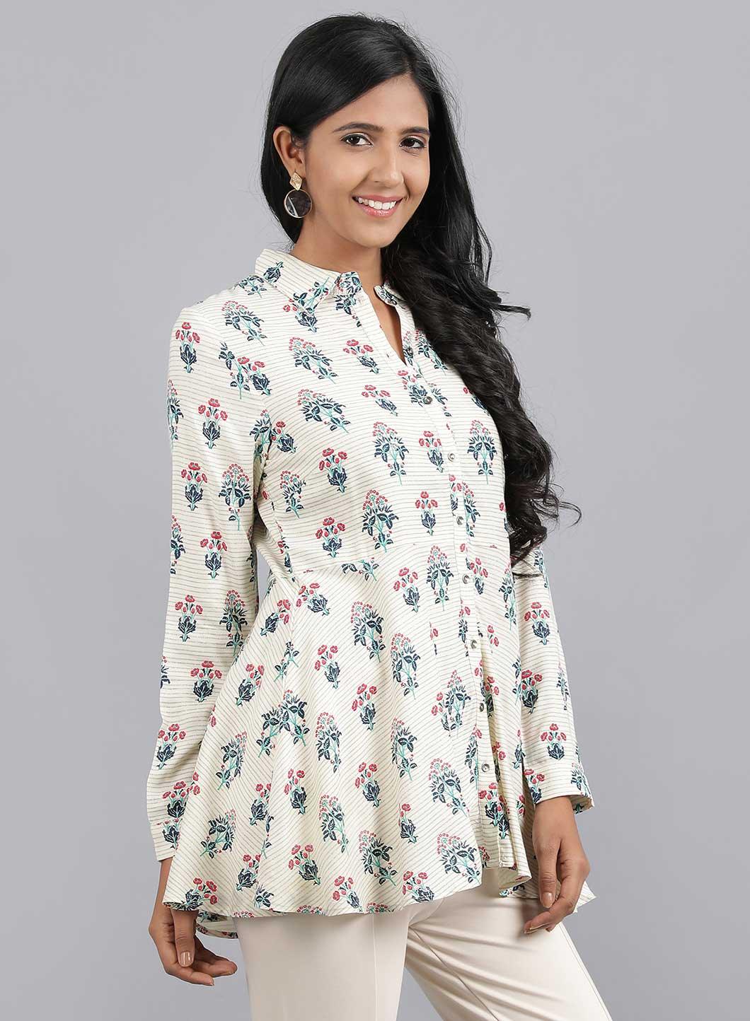 Ecru Shirt Collar Peplum Top - wforwoman