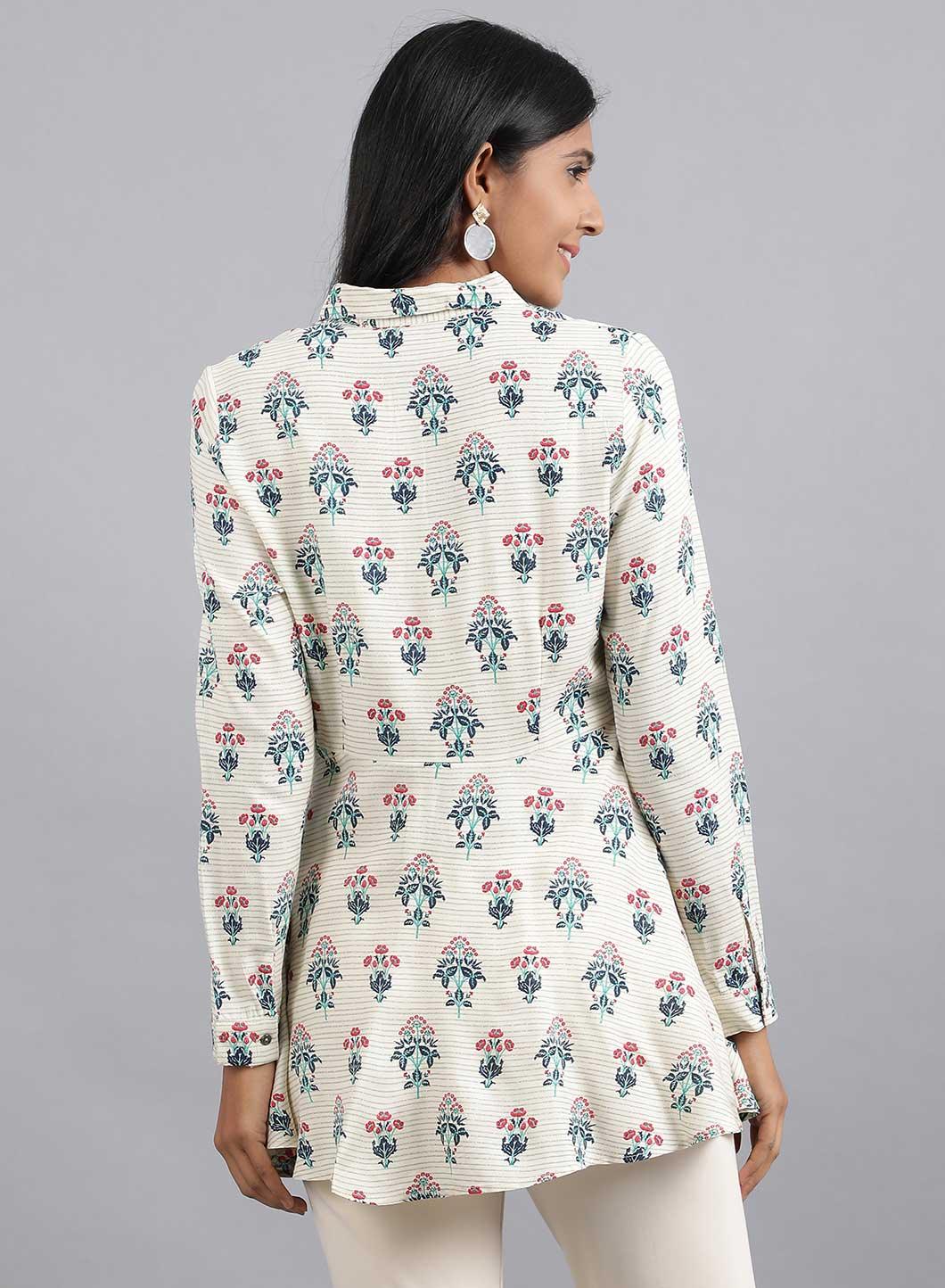 Ecru Shirt Collar Peplum Top - wforwoman