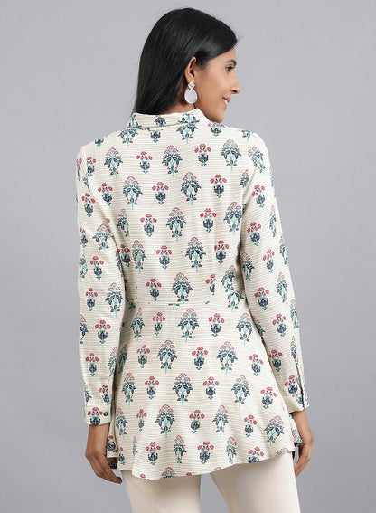 Ecru Shirt Collar Peplum Top - wforwoman