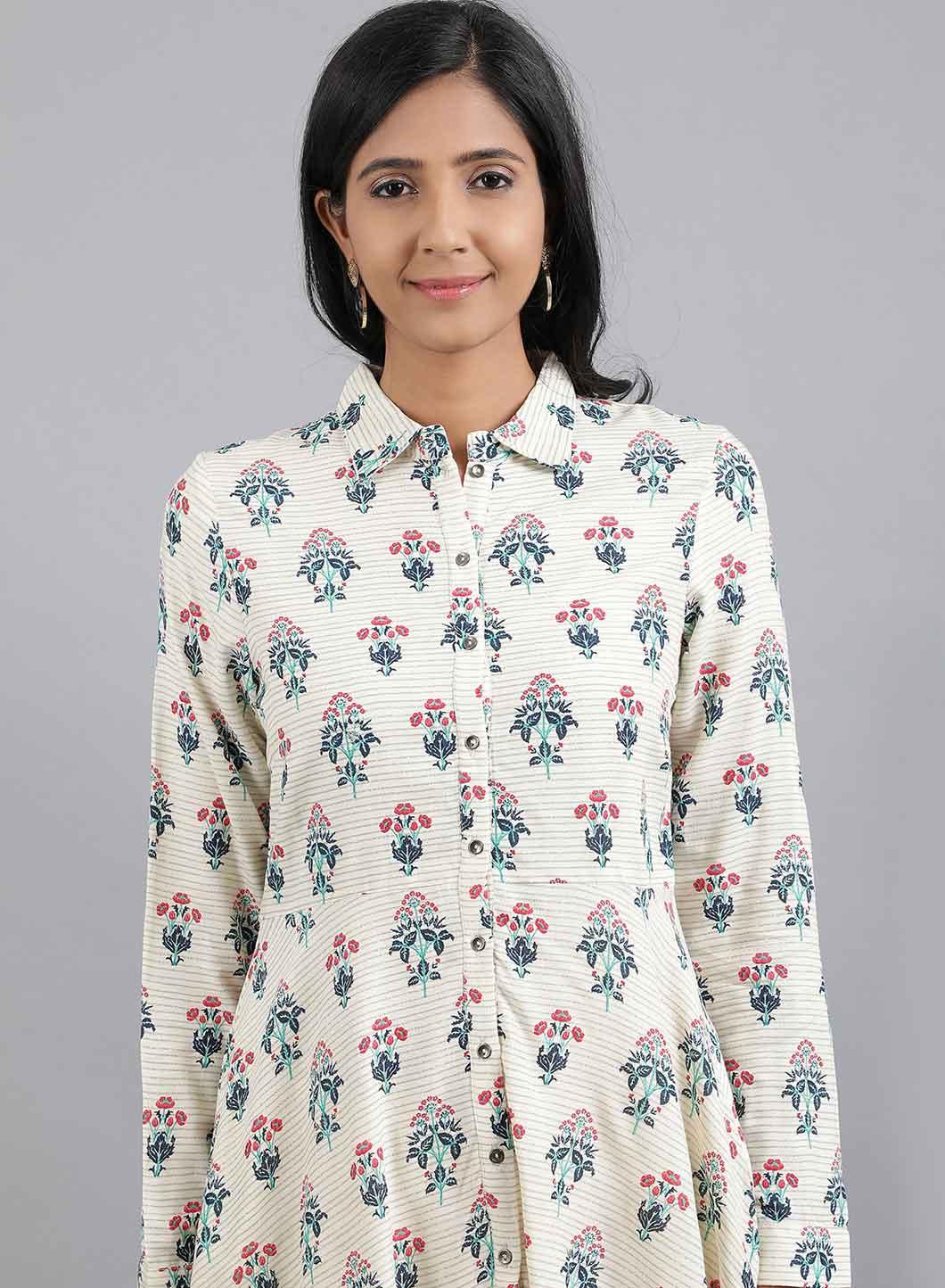 Ecru Shirt Collar Peplum Top - wforwoman
