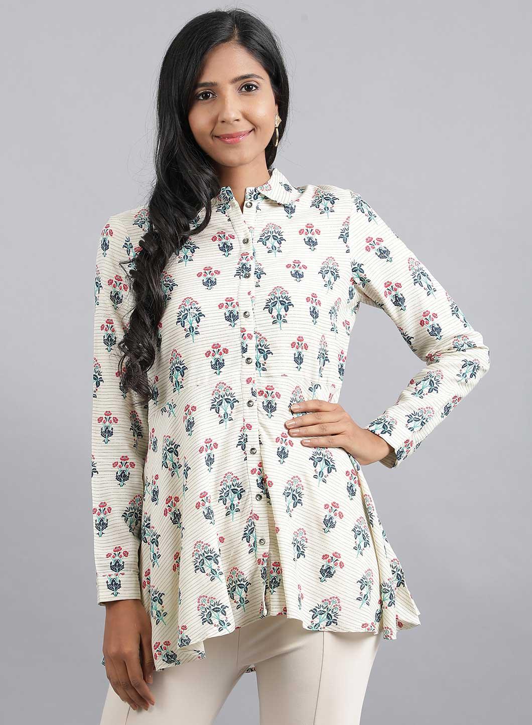 Ecru Shirt Collar Peplum Top - wforwoman