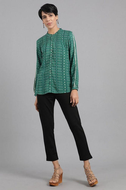 Green Mandarin Neck Shirt Top - wforwoman