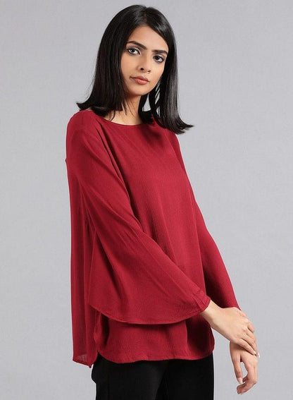 Maroon Round Neck Solid Top - wforwoman